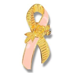 Vintage Avon Gold Tone Pink Ribbon Rose Breast Cancer Awareness Brooch Pin